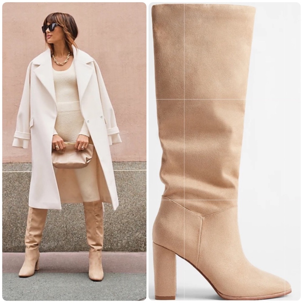 Express Slouchy Knee High Block Heel Tan Taupe Suede Boots 10